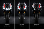 Three views of a motorcycle headlight system with high beam, low beam, and stand light labels.