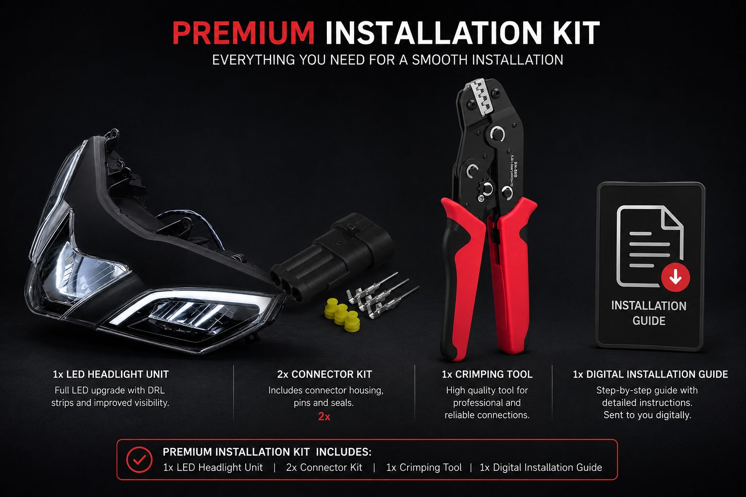 Premium installation kit for LED headlights with tools and guide on a black background