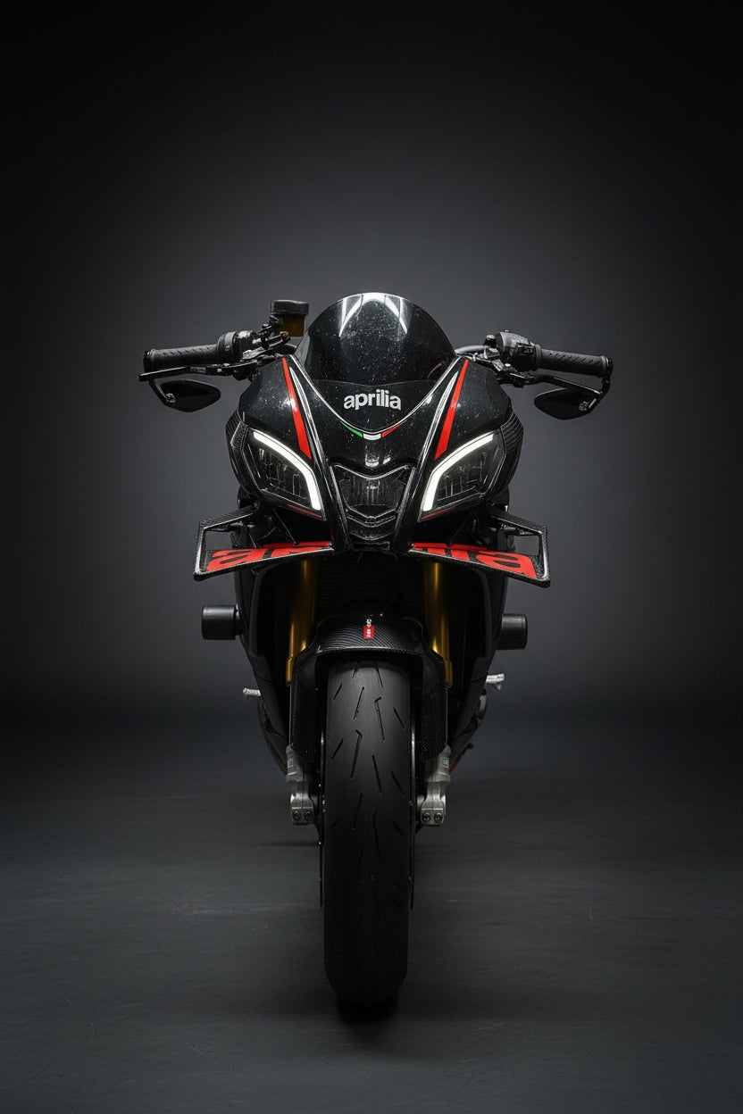 Black and red Aprilia motorcycle on a dark background